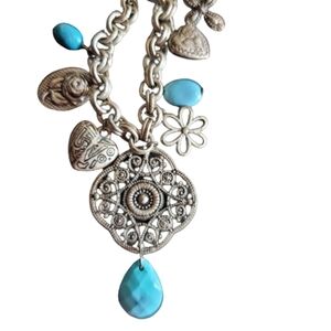 CHARM necklace silver tone and blue necklace with pendants hearts rose flower